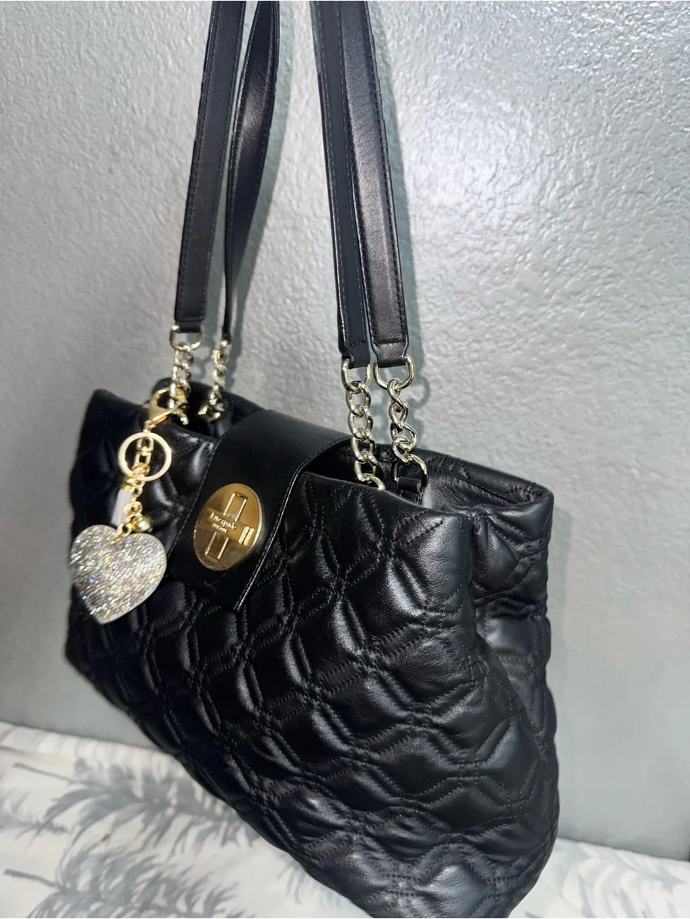 kate spade Black Quilted Shoulder Bag with Gold Hardware and Heart Charm
